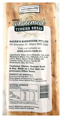 Picture of SAUER'S BAKEHOUSE WHOLEMEAL TURKISH BREAD 430g